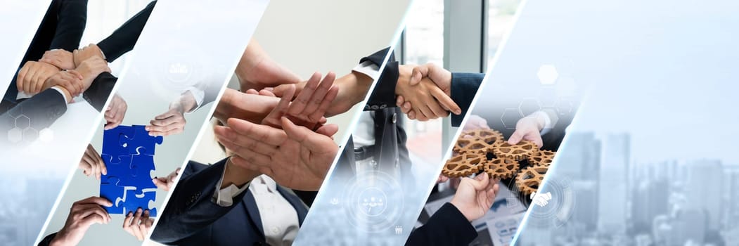 Teamwork and human resources HR management technology concept in corporate business with people group networking to support partnership, trust, teamwork and unity of coworkers in office kudos