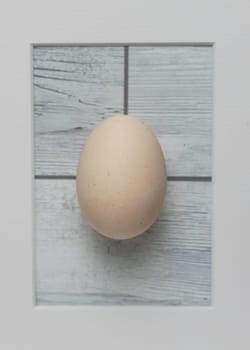 White egg in frame on white wooden background