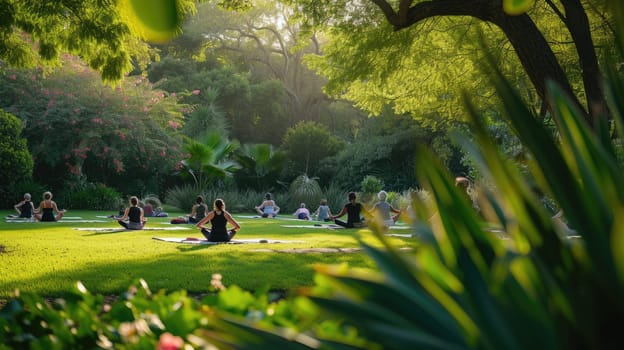 A serene outdoor yoga class in progress, with individuals practicing poses on mats in a lush garden during golden hour. AIG41