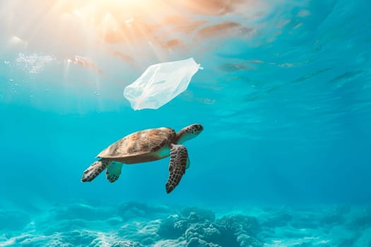 A turtle is seen swimming in the ocean with a plastic bag floating nearby.