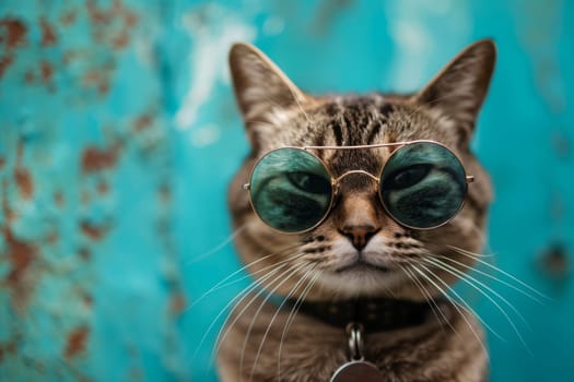 A cat looking fashionable in a pair of sunglasses and a tag around its neck. The cat appears relaxed and trendy in this candid photo.