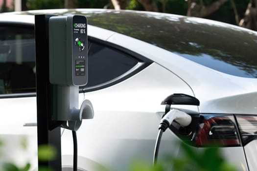 EV electric car charging in green sustainable city outdoor garden in summer. Urban sustainability lifestyle by green clean rechargeable energy of electric BEV vehicle innards