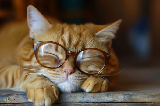 A photo of a cat wearing glasses while laying on a table.