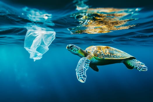 A turtle is seen swimming next to a plastic bag, highlighting the issue of ocean pollution and its impact on marine life.