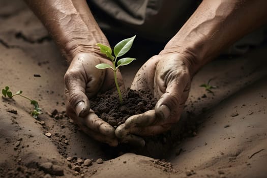 A pair of hands, one consumed by years of hard work, gently nurture a small seedling in a bed of fertile soil.