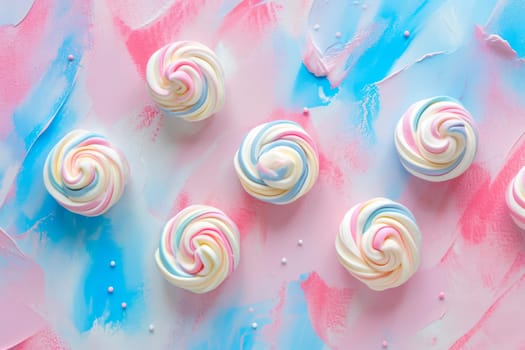 A pink, blue, and white swirl cake placed on a pastel pink and blue background, creating a visually appealing contrast in colors.