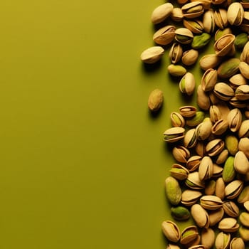 A collection of pistachio nuts on a green background.