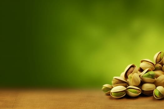 A cluster of pistachio nuts on a wooden surface with a green background.