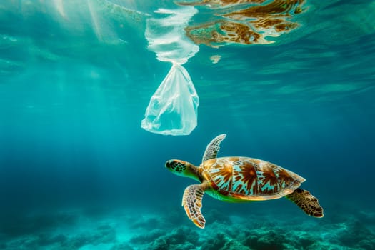 A turtle is pictured swimming in the ocean next to a plastic bag, highlighting the issue of plastic pollution in marine environments.