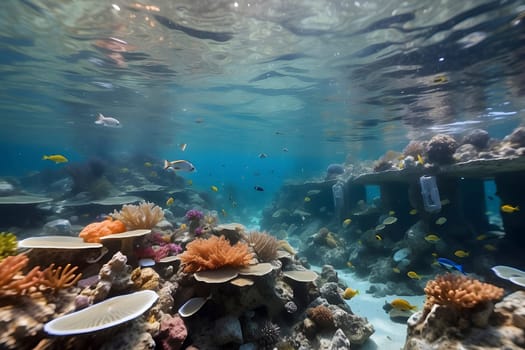 A stunning underwater world, filled with vibrant coral and schools of fish, marred by the presence of plastic waste floating in the water.