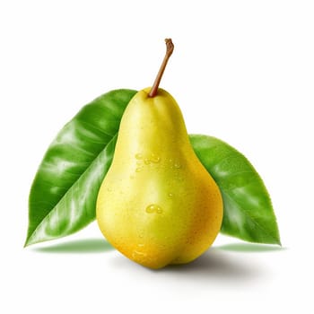 Realistic illustration of a ripe pear with leaves and water droplets.