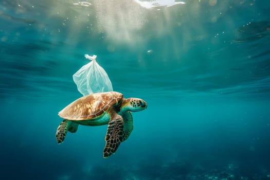 A turtle is seen swimming in the ocean with a plastic bag on its back. This image serves as a stark reminder of the impact of plastic pollution on marine life.
