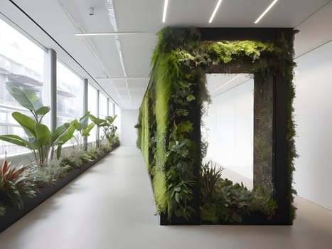 Interior shots of offices with flora and fauna or vertical gardens.