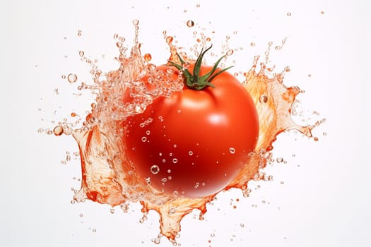 Fresh tomato splashing in water against a white background.