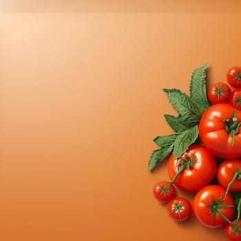 Fresh tomatoes and basil leaves on orange background