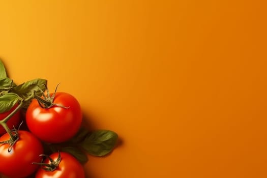 Fresh red tomatoes with stems and green leaves on a vibrant orange background