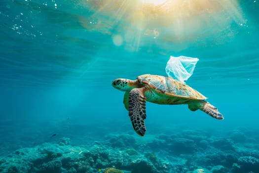 A turtle in the ocean swimming with a plastic bag on its back, highlighting the negative impact of pollution on marine life.