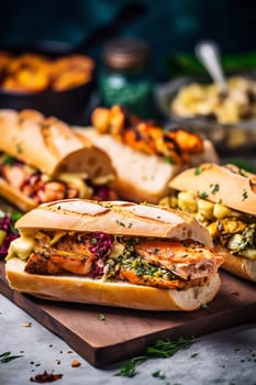 Grilled sandwiches with various fillings on a wooden board.