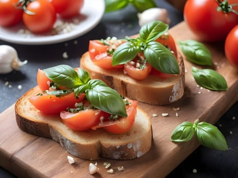Toasty Mediterranean Delight: Tomato, Garlic, and Basil Bruschetta Extravaganza.