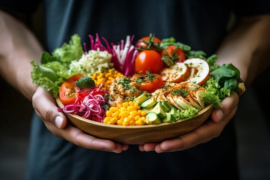 Hands presenting a colorful bowl of fresh salad with various vegetables