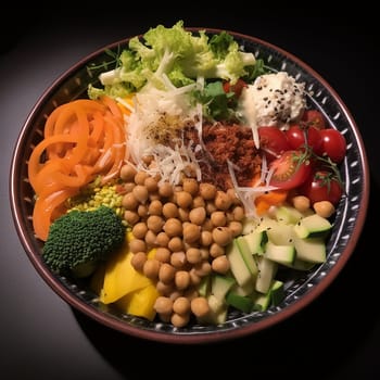 A colorful bowl filled with assorted fresh vegetables, chickpeas, and grated cheese.