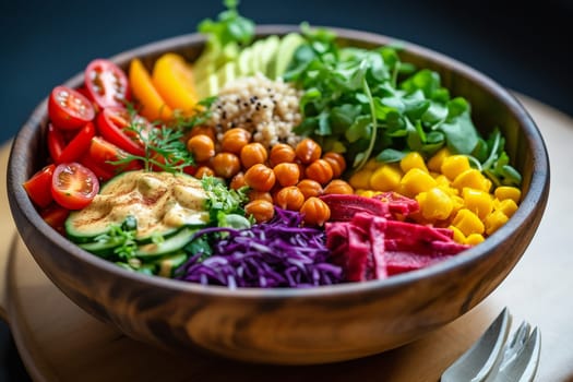 Colorful bowl of mixed salad with a variety of fresh vegetables and chickpeas.