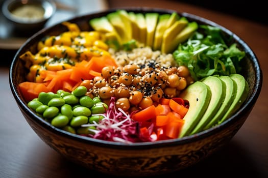 Colorful bowl filled with a variety of fresh vegetables and grains