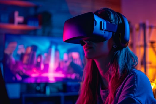 A young woman immersed in a virtual reality experience, wearing a headset and interacting with a digital environment.