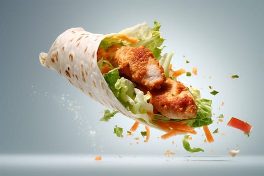 Deconstructed chicken wrap with ingredients mid-air.