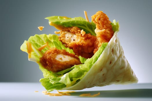 Crispy chicken tenders wrapped in a soft tortilla with fresh lettuce and shredded cheese.