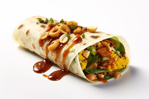 Savory wrap with peanuts, sauce, greens, and yellow rice.