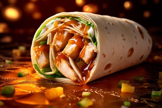 Grilled chicken wrap with creamy sauce and fresh greens.