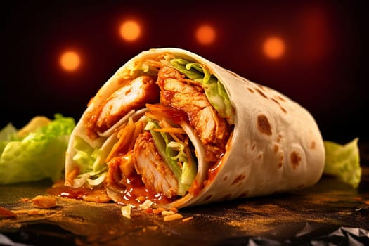 Savory chicken wrap with fresh vegetables and sauce.