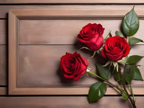 Nature's Embrace. Wooden Frame with Red Rose Blossoms.