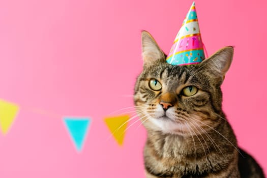 A cat wearing a colorful party hat on its head, set against a bright background.