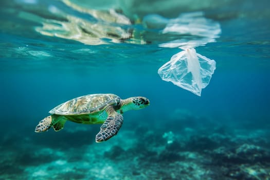 The image shows a plastic bag floating in the ocean next to a turtle, highlighting the harmful impact of plastic pollution on marine life.