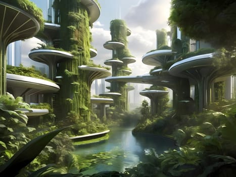 Explore a futuristic world where green tech innovations have transformed the landscape into a lush, sustainable paradise.