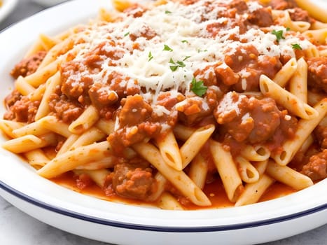 Savory penne embraced by a hearty meat sauce.