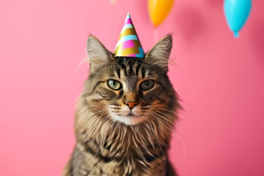 A cat wearing a party hat with balloons in the background, celebrating a festive occasion.