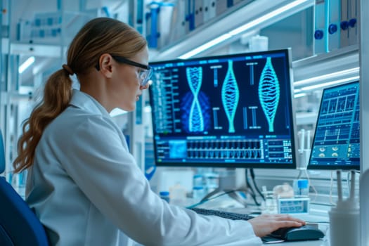 A woman in a white lab coat is focused on her computer as she works diligently in a research or scientific setting.