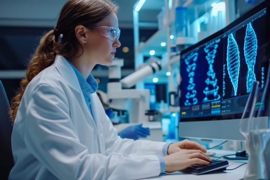 A woman wearing a white lab coat is focused on her work as she types on a computer in a laboratory setting.