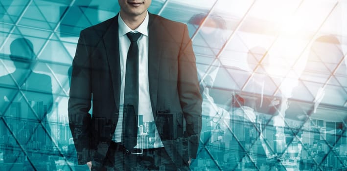 Double Exposure Image of Success Business People on abstract modern city background. Future business and communication technology concept. Surreal futuristic multiple exposure graphic interface. uds