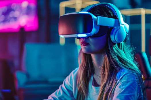 A young woman immersed in a virtual reality experience, wearing VR goggles and interacting with digital environments through motion controls.