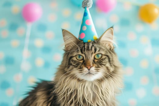 A domestic cat with a colorful party hat on its head, standing against a bright background.