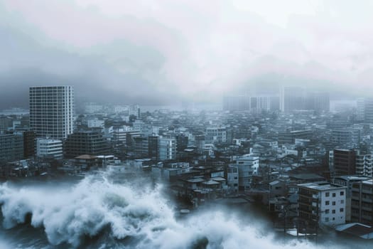An aerial view of a city being engulfed by a storm, with dark clouds, heavy rain, and strong winds visible.
