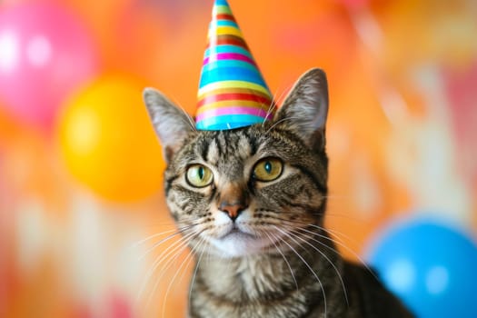 A cat wearing a colorful party hat with balloons in the background, creating a festive atmosphere.
