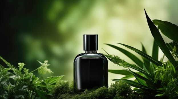 Transparent black glass perfume bottle mockup with plants on background. Eau de toilette. Mockup, spring flat lay