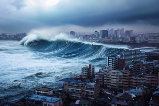 A large wave generated by a tsunami crashes over a city located in the ocean, causing destruction and chaos.