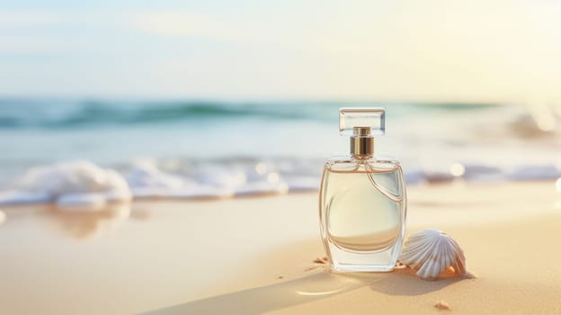 Transparent white glass perfume bottle mockup with sandy beach and ocean waves on background. Eau de toilette. Mockup, spring flat lay