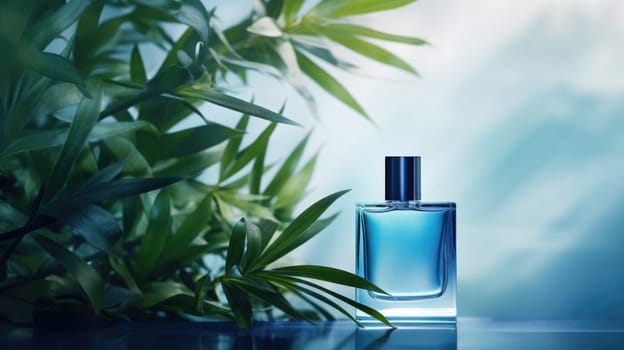 Transparent blue glass perfume bottle mockup with plants on background. Eau de toilette. Mockup, spring flat lay